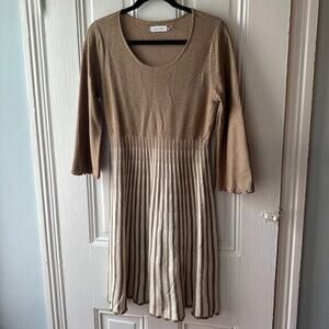 Calvin Klein Sweater Dress Womens M Brown Camel White Crochet Cottage Preppy